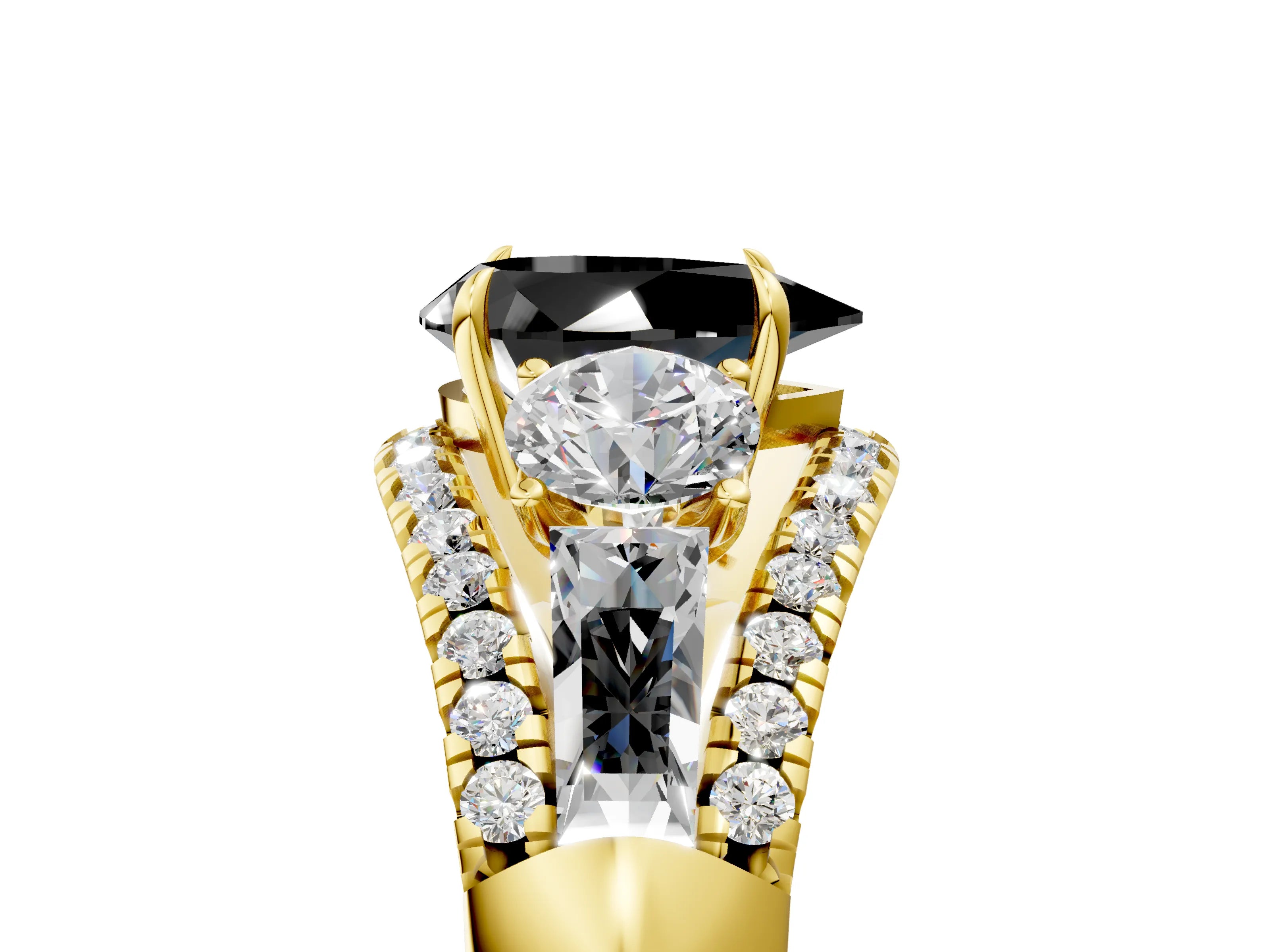 Yellow gold Three-Stone Fancy Black Pear Cut Diamond Engagement Ring with Pave Band and Prong Setting_5
