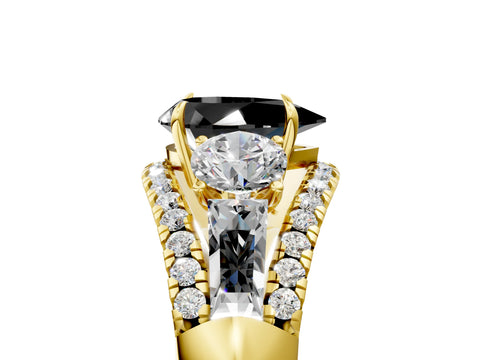 Yellow gold Three-Stone Fancy Black Pear Cut Diamond Engagement Ring with Pave Band and Prong Setting_5