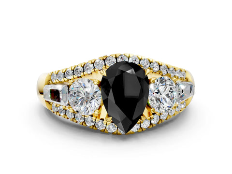 Yellow gold Three-Stone Fancy Black Pear Cut Diamond Engagement Ring with Pave Band and Prong Setting