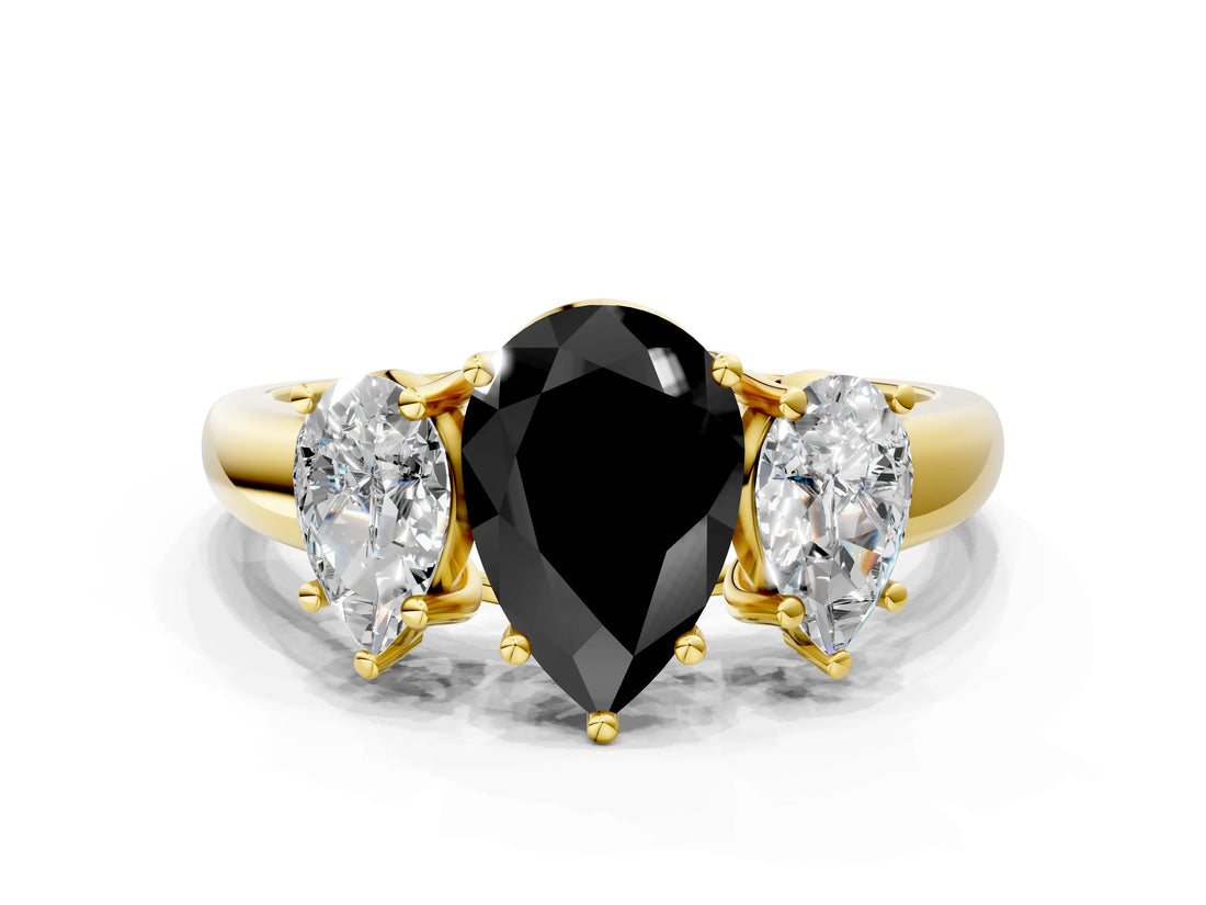 Yellow gold Three-Stone Fancy Black Pear Cut Diamond Engagement Ring with Prong Setting_3