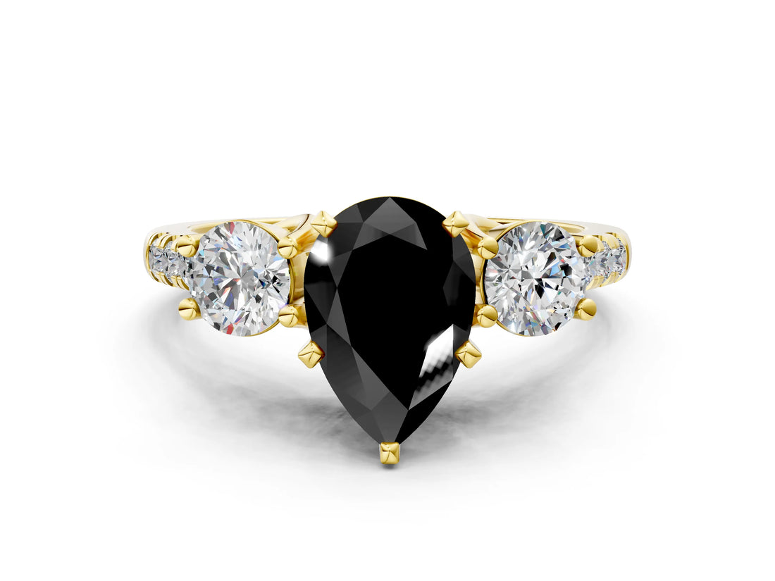 Yellow gold Three-Stone Fancy Black Pear Cut Diamond Pavé Band with Four-Prong Setting