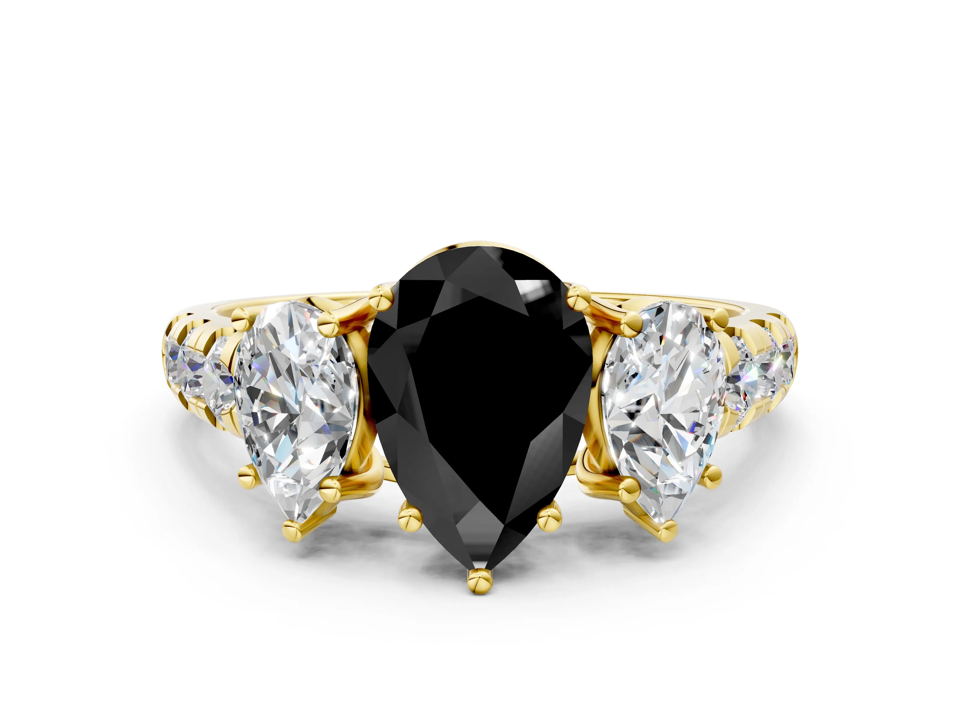 Yellow gold Three-Stone Fancy Black Pear Cut Diamond Pavé Band with Prong Setting