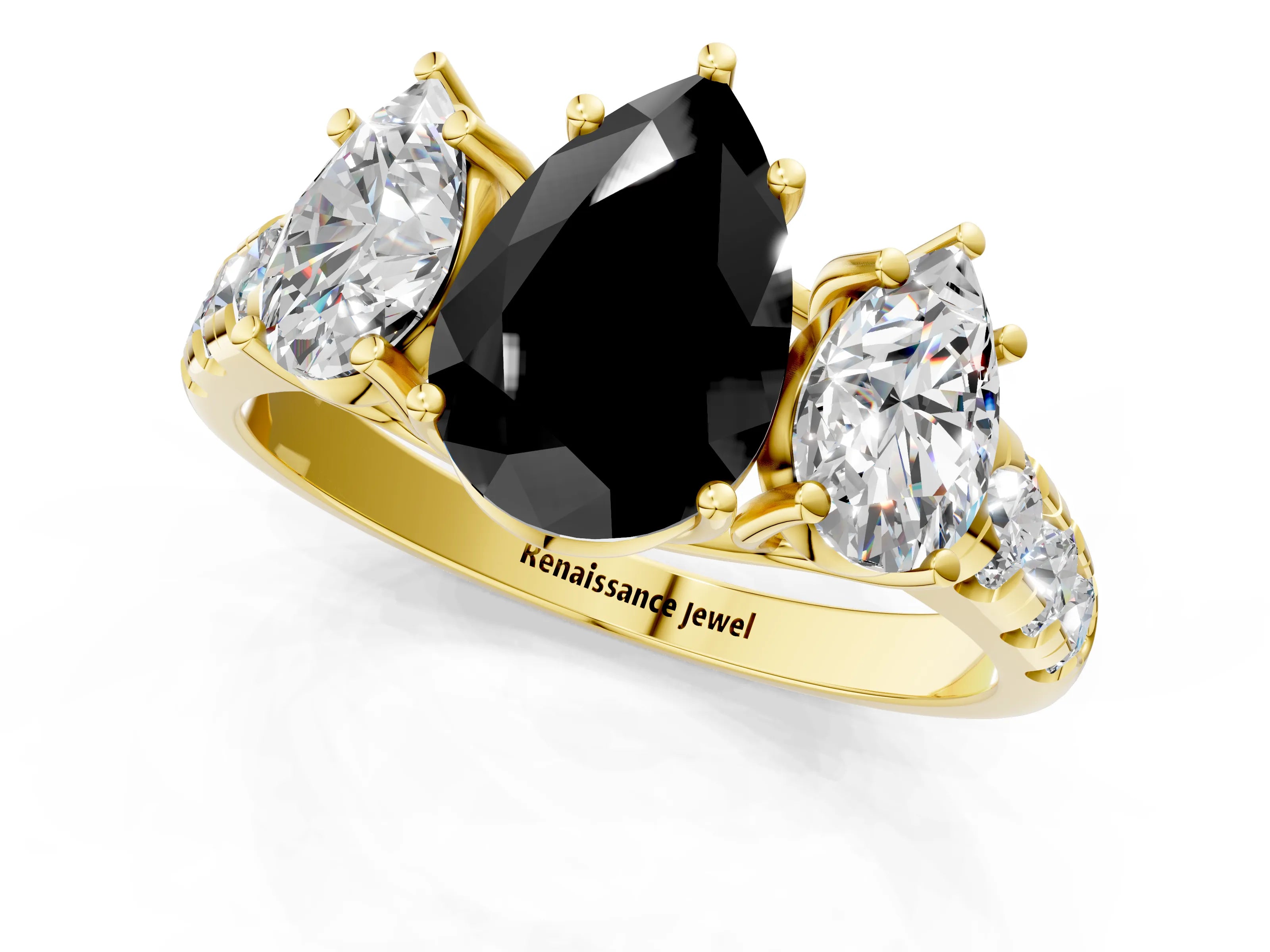 Yellow gold Three-Stone Fancy Black Pear Cut Diamond Pavé Band with Prong Setting_1