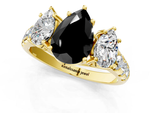 Yellow gold Three-Stone Fancy Black Pear Cut Diamond Pavé Band with Prong Setting_1
