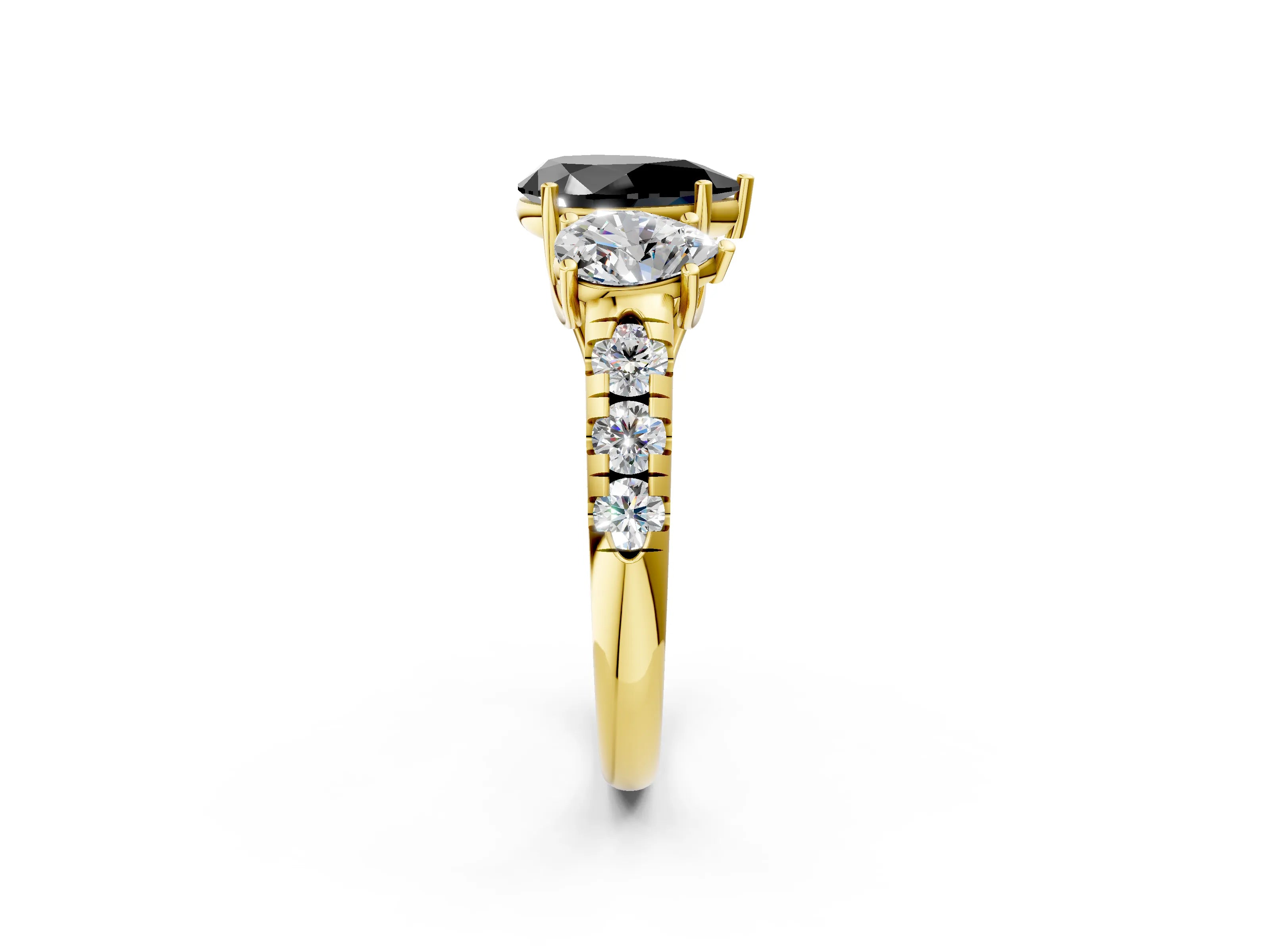 Yellow gold Three-Stone Fancy Black Pear Cut Diamond Pavé Band with Prong Setting_2