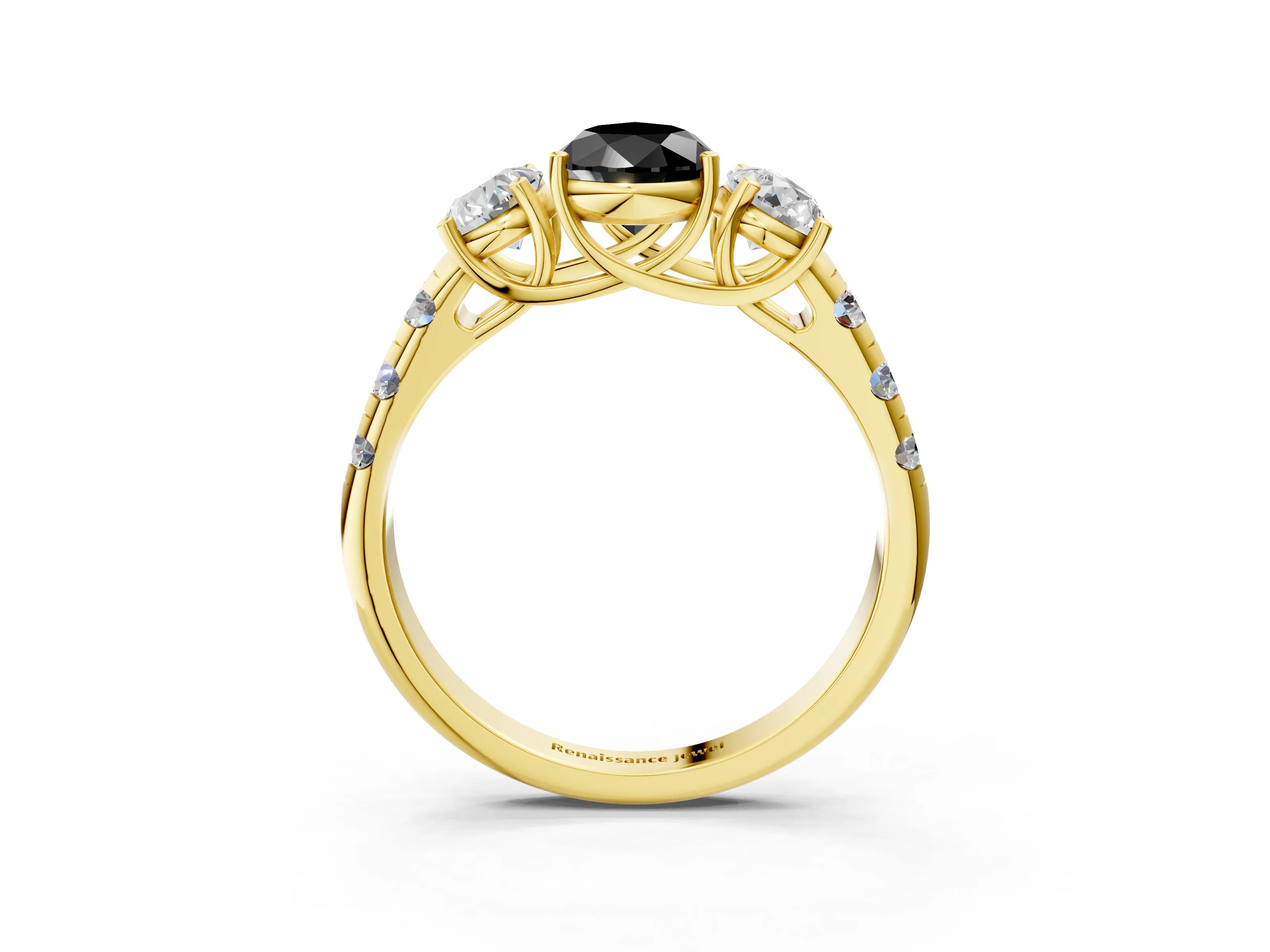 Yellow gold Three-Stone Fancy Black Pear Cut Diamond Pavé Band with Prong Setting_3