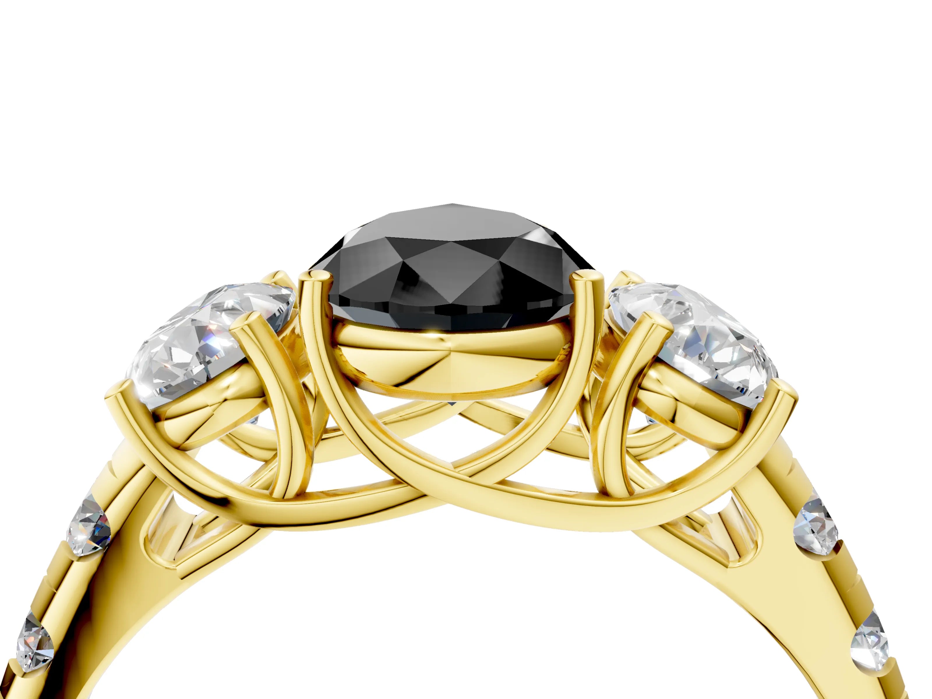 Yellow gold Three-Stone Fancy Black Pear Cut Diamond Pavé Band with Prong Setting_4