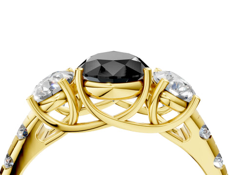 Yellow gold Three-Stone Fancy Black Pear Cut Diamond Pavé Band with Prong Setting_4
