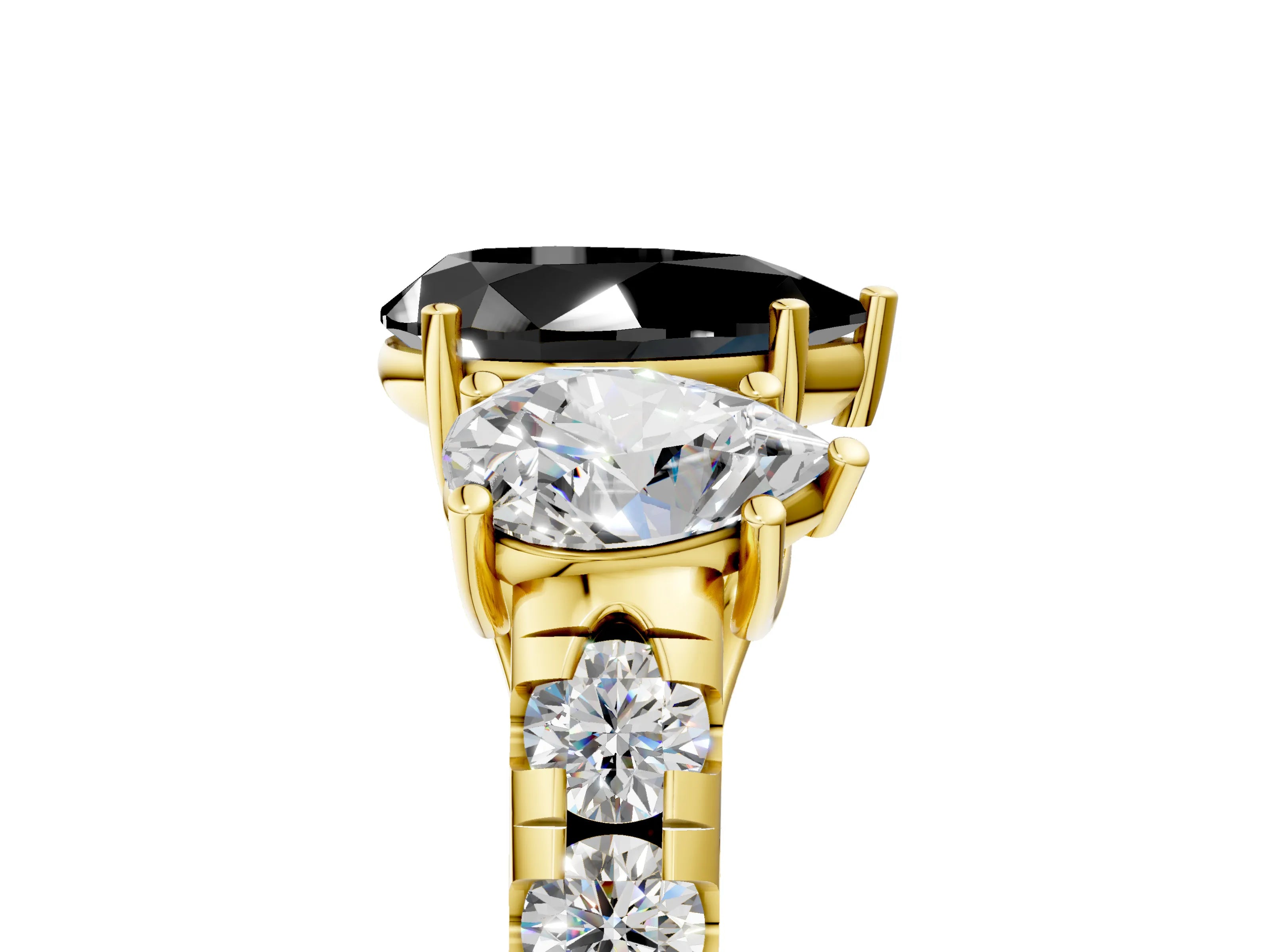 Yellow gold Three-Stone Fancy Black Pear Cut Diamond Pavé Band with Prong Setting_5