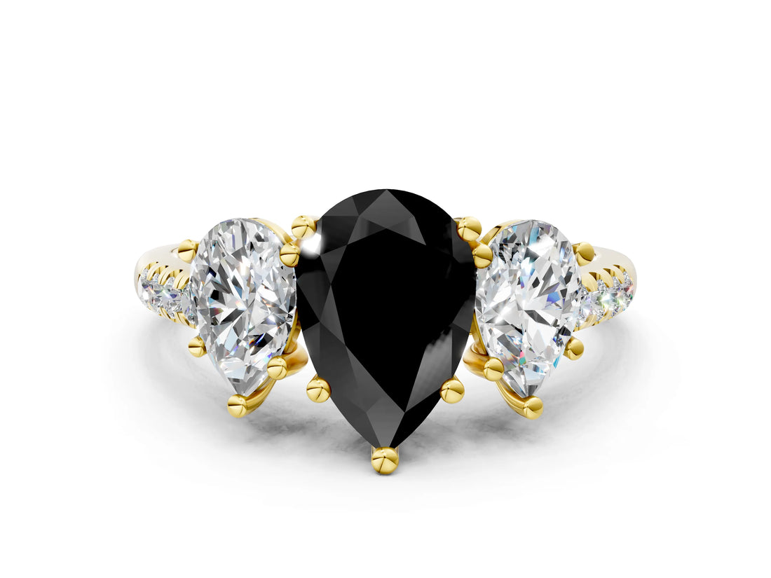 Yellow gold Three-Stone Fancy Black Pear Cut Diamond Ring with Pavé Band and Prong Setting_24