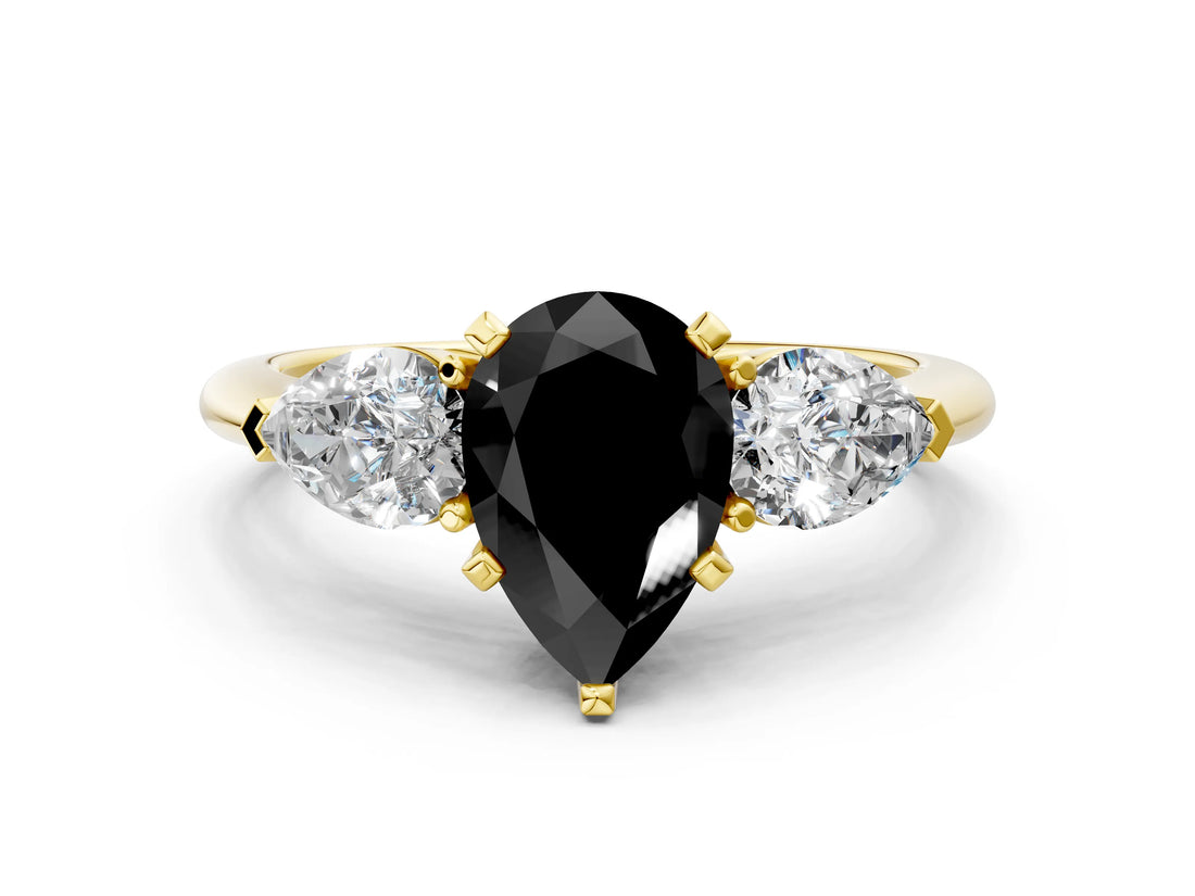 Yellow gold Three-Stone Fancy Black Pear Cut Diamond Ring with Pear Side Stones and Four-Prong Setting