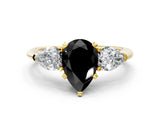 Yellow gold Three-Stone Fancy Black Pear Cut Diamond Ring with Pear Side Stones and Four-Prong Setting