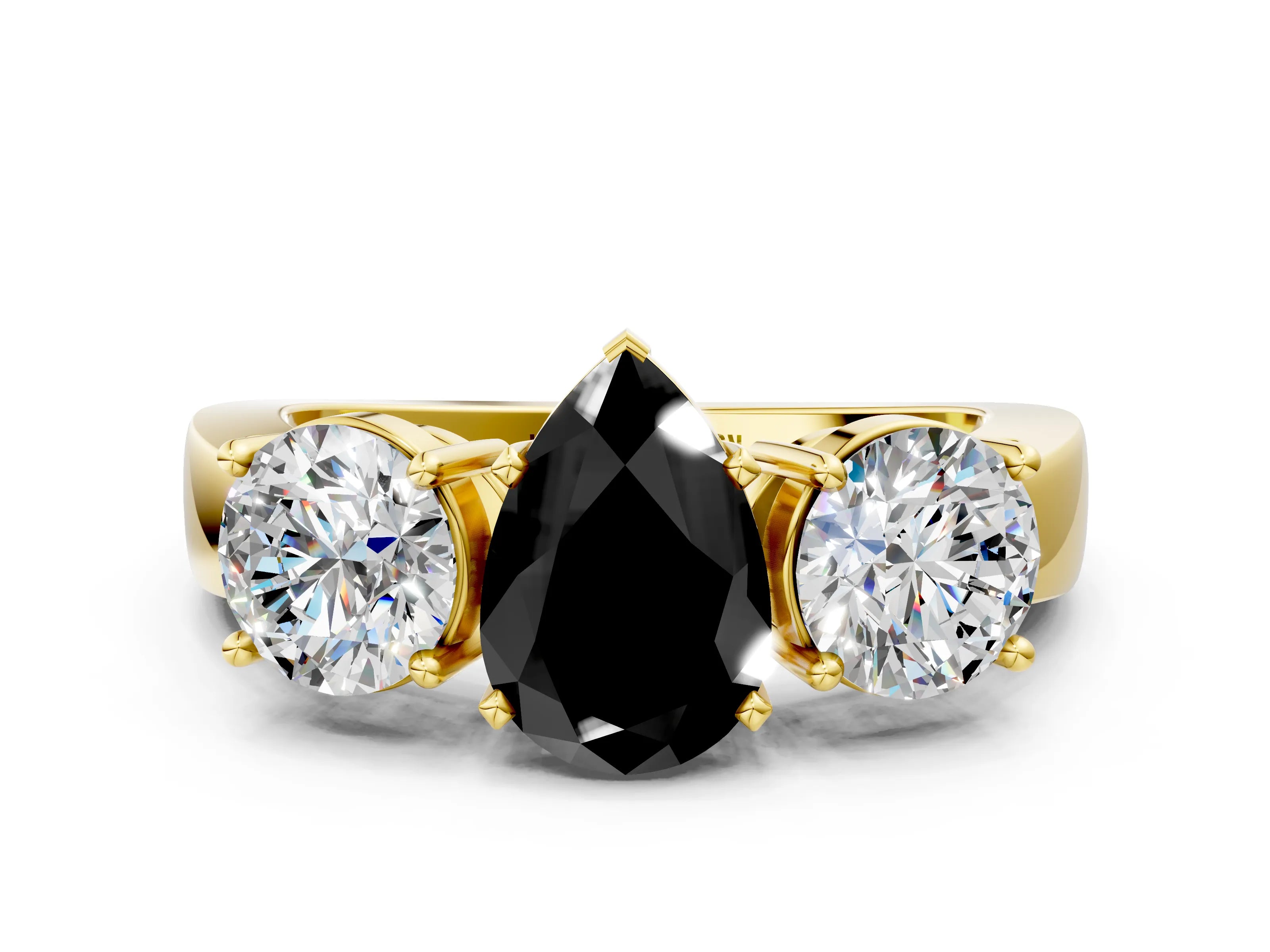 Yellow gold Three-Stone Fancy Black Pear Cut Diamond Ring with Round Side Stones, Classic Band, and Four-Prong Setting