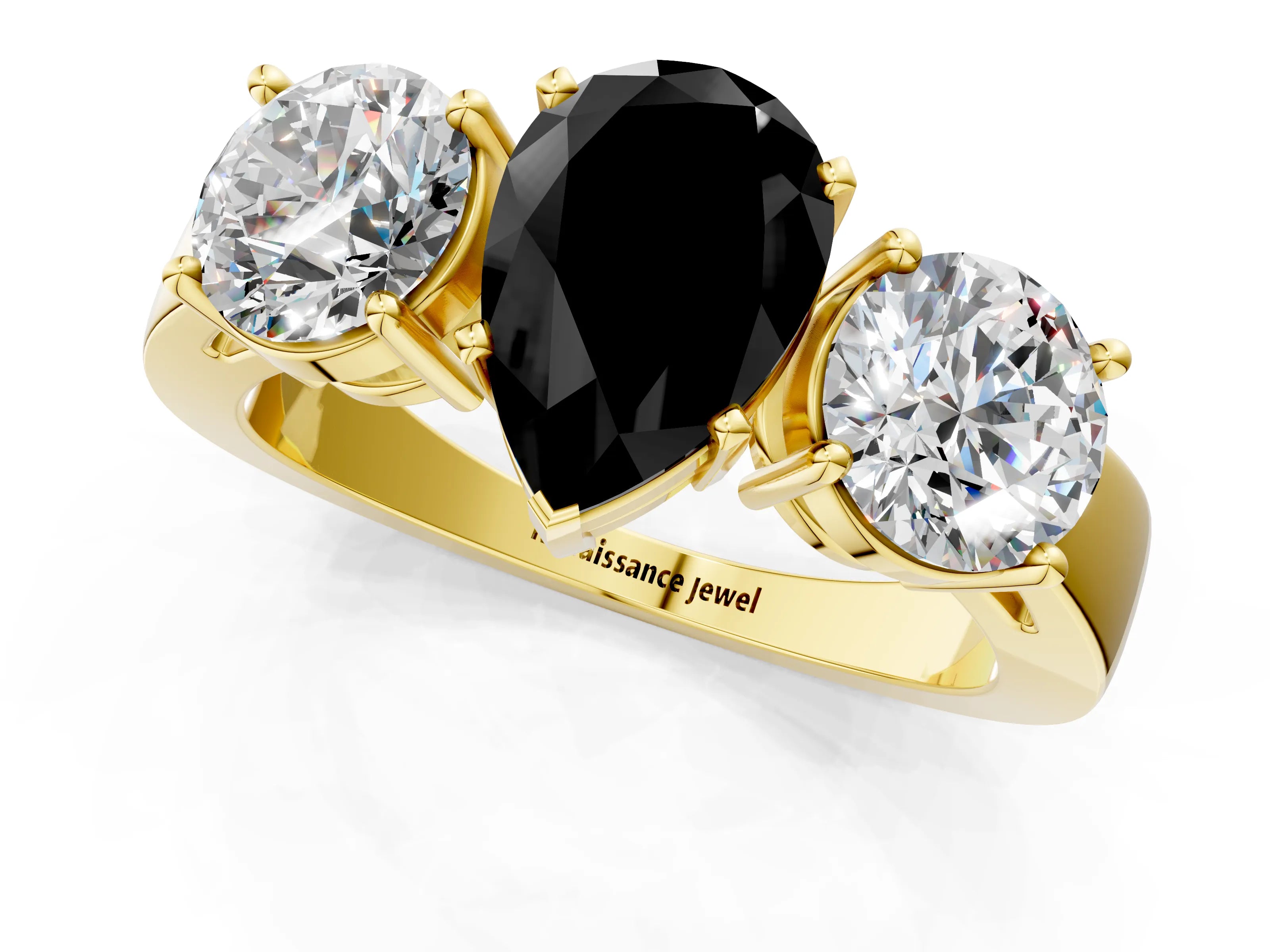 Yellow gold Three-Stone Fancy Black Pear Cut Diamond Ring with Round Side Stones, Classic Band, and Four-Prong Setting_1