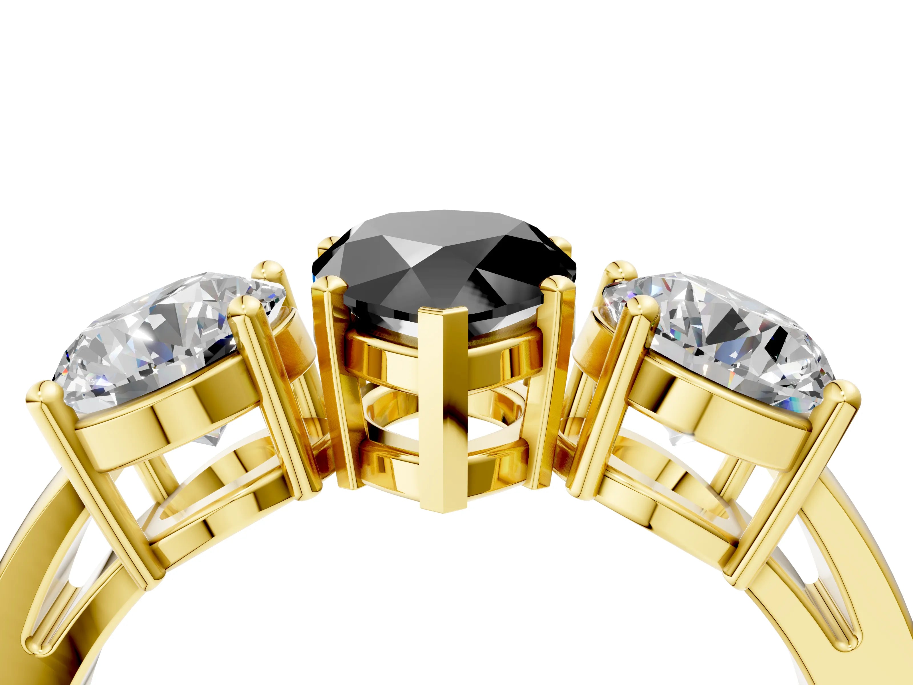 Yellow gold Three-Stone Fancy Black Pear Cut Diamond Ring with Round Side Stones, Classic Band, and Four-Prong Setting_4