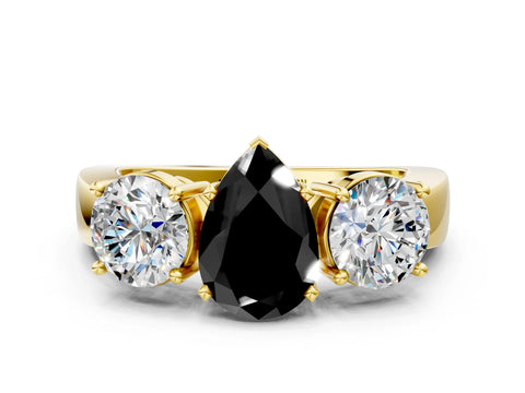 Yellow gold Three-Stone Fancy Black Pear Cut Diamond Ring with Round Side Stones, Classic Band, and Four-Prong Setting