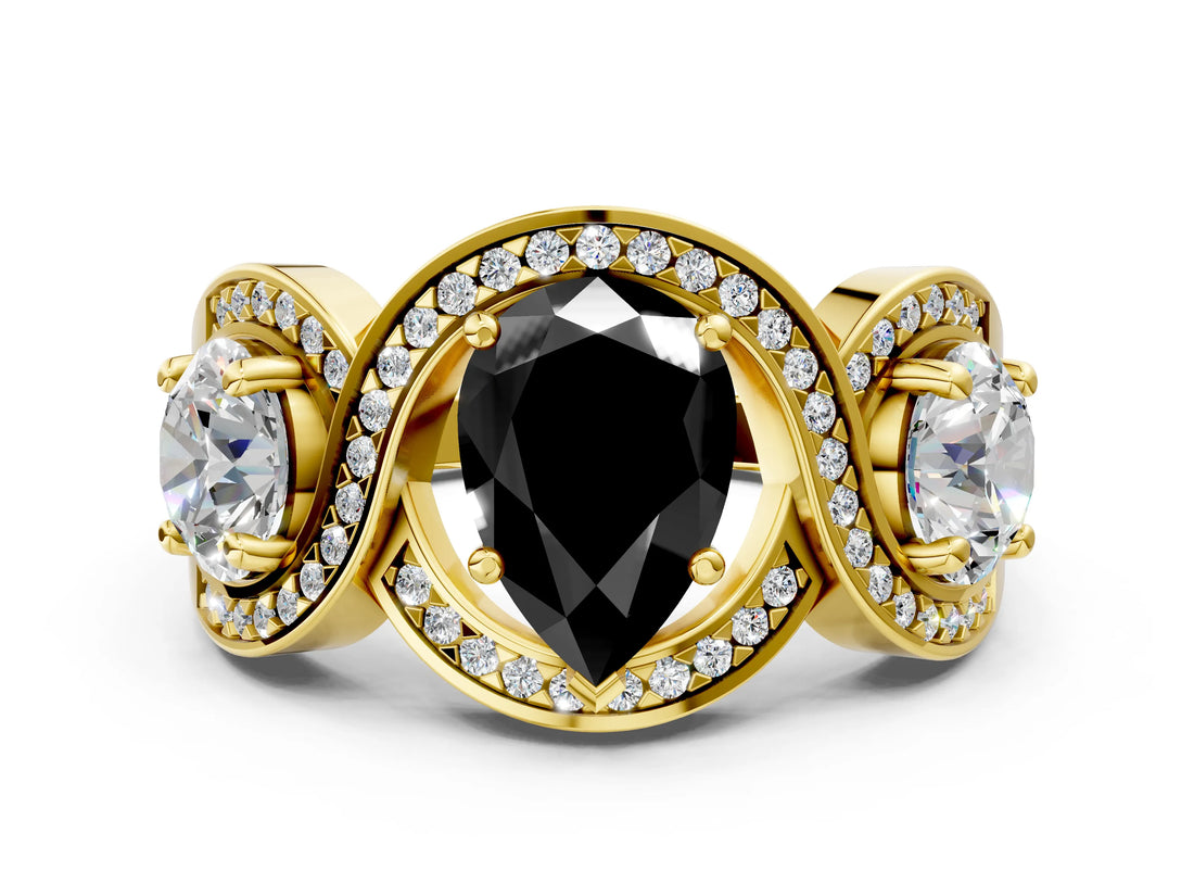 Yellow gold Three-Stone Fancy Black Pear Cut Diamond Wave Pave Band with Prong Setting