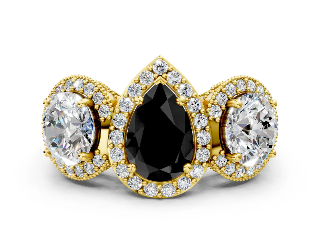 Yellow gold Three-Stone Fancy Black Pear Cut Halo Diamond Milgrain Band with Four-Prong Setting