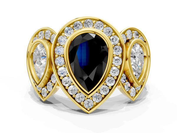 Yellow Gold Pear-Shaped Bezel Three Stone Halo Engagement Ring Setting for Black Center