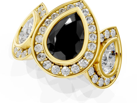 Yellow gold Three-Stone Fancy Black Pear Cut Halo Pavé Diamond Ring_1