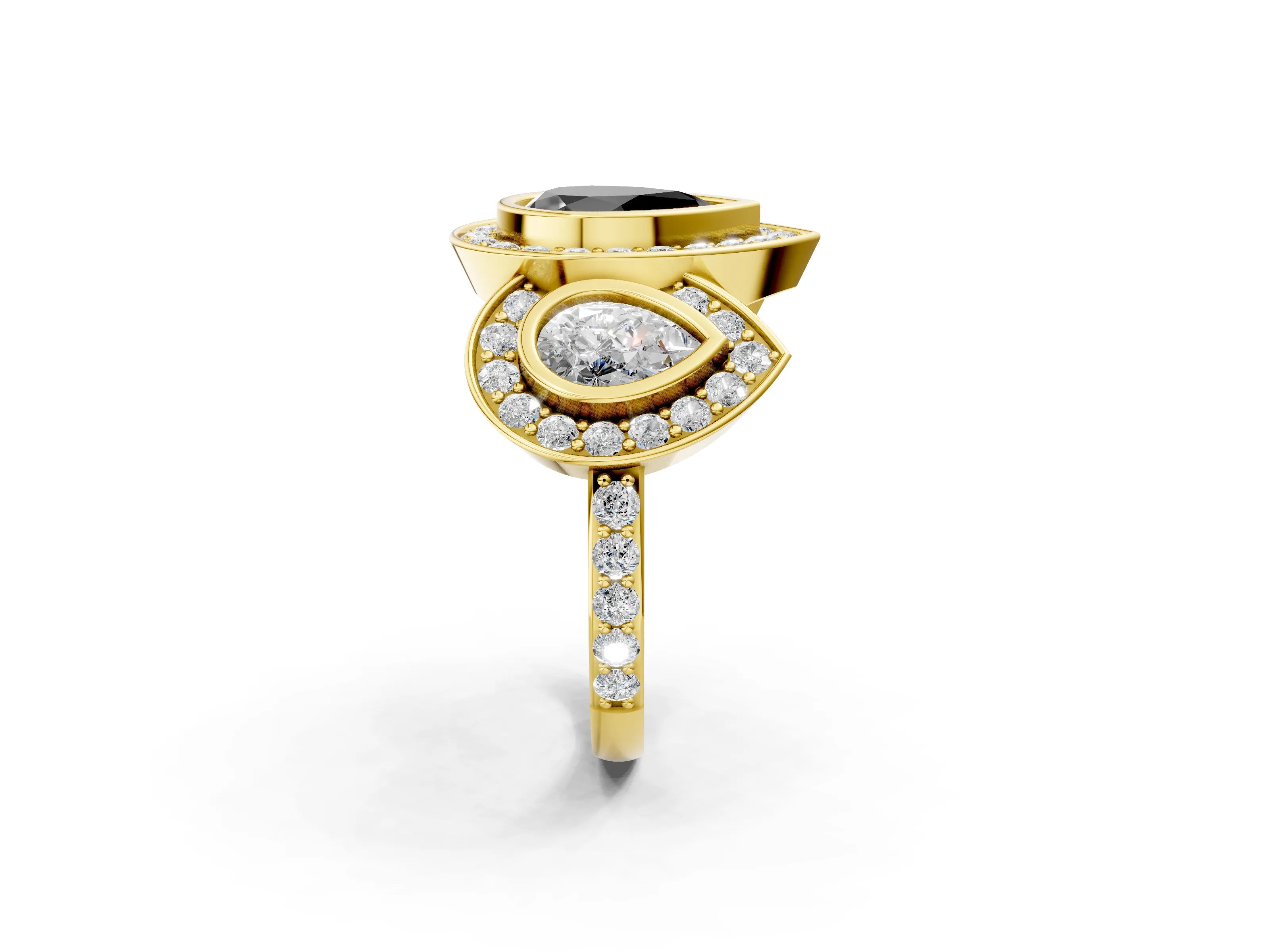 Yellow gold Three-Stone Fancy Black Pear Cut Halo Pavé Diamond Ring_2