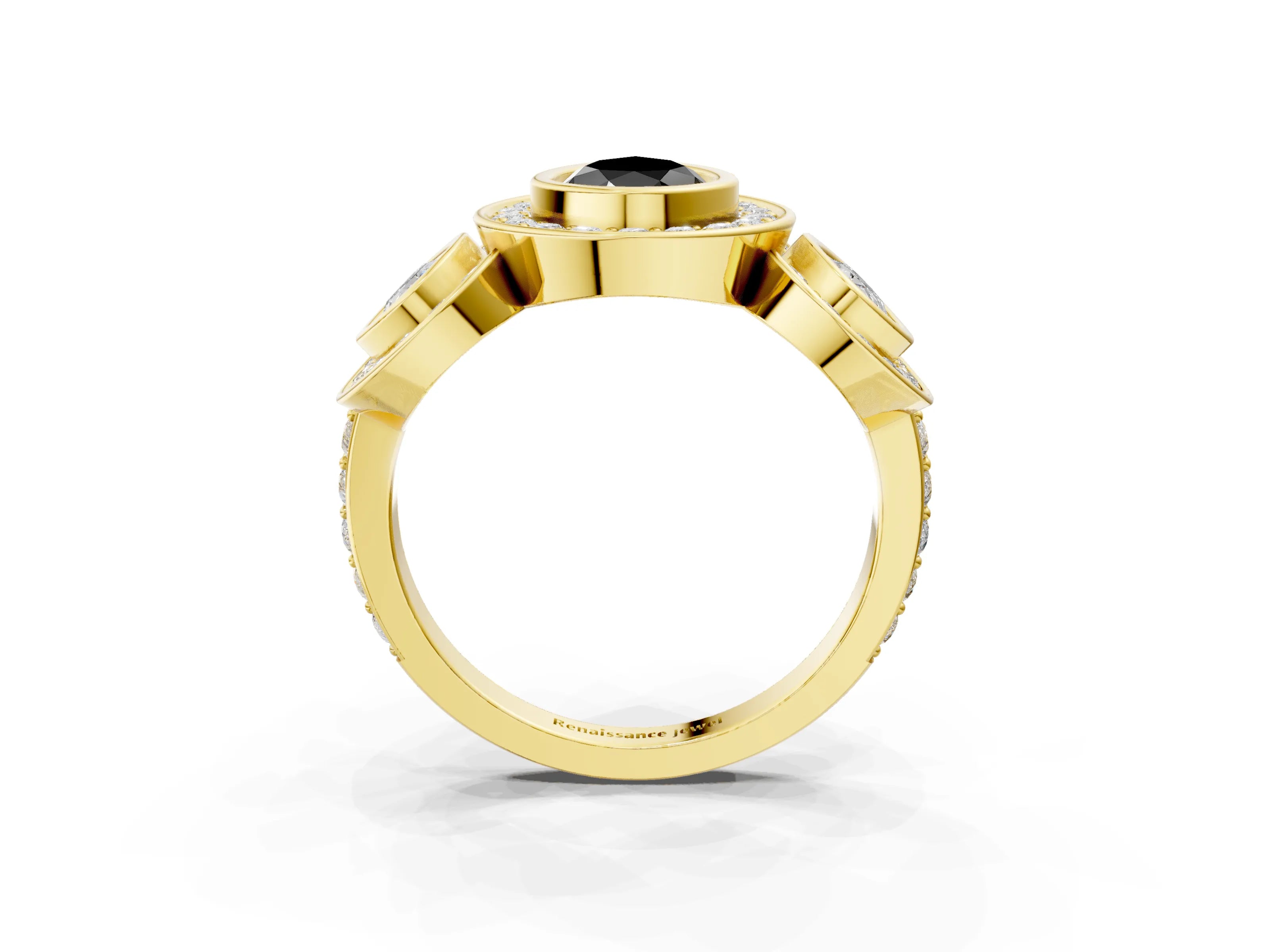 Yellow gold Three-Stone Fancy Black Pear Cut Halo Pavé Diamond Ring_3