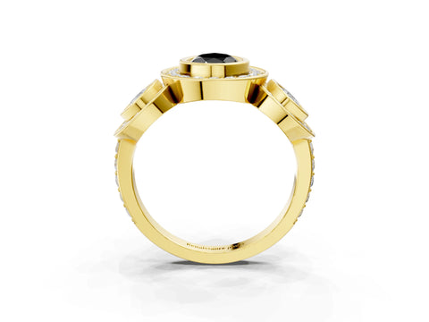 Yellow gold Three-Stone Fancy Black Pear Cut Halo Pavé Diamond Ring_3