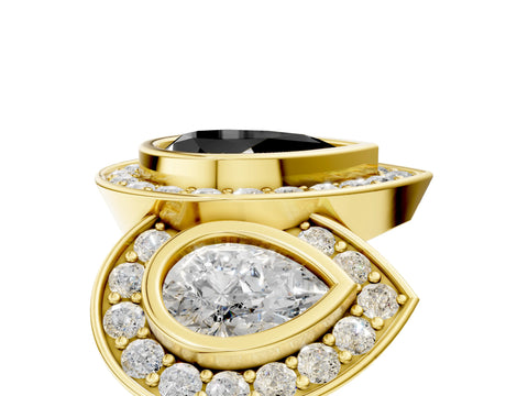 Yellow gold Three-Stone Fancy Black Pear Cut Halo Pavé Diamond Ring_5