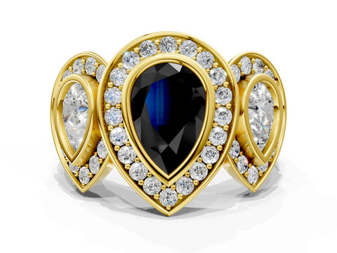 Yellow gold Three-Stone Fancy Black Pear Cut Halo Pavé Diamond Ring