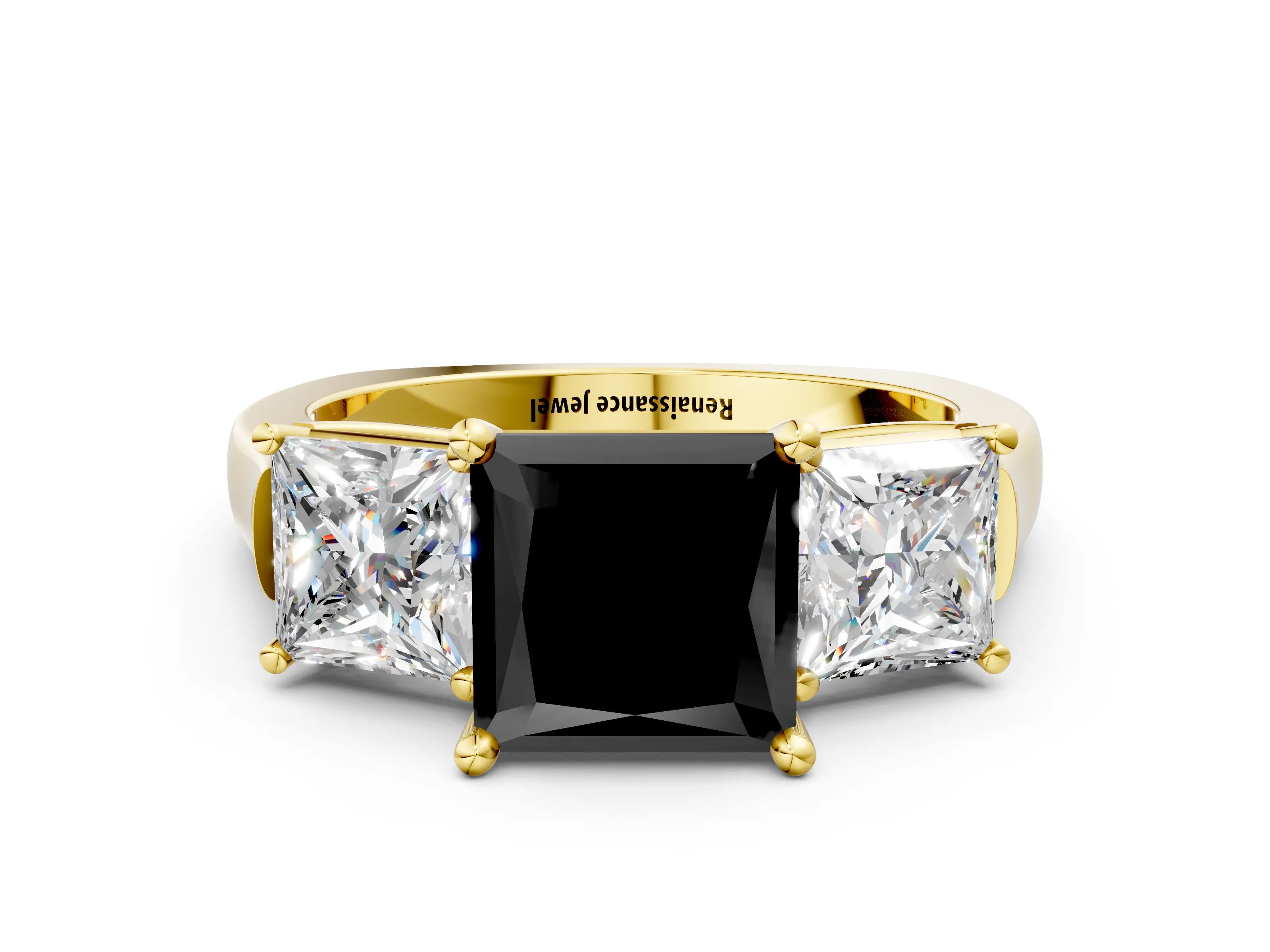 Yellow gold Three-Stone Fancy Black Princess Cut Brilliant Diamond Trellis Ring with Comfort Fit Band