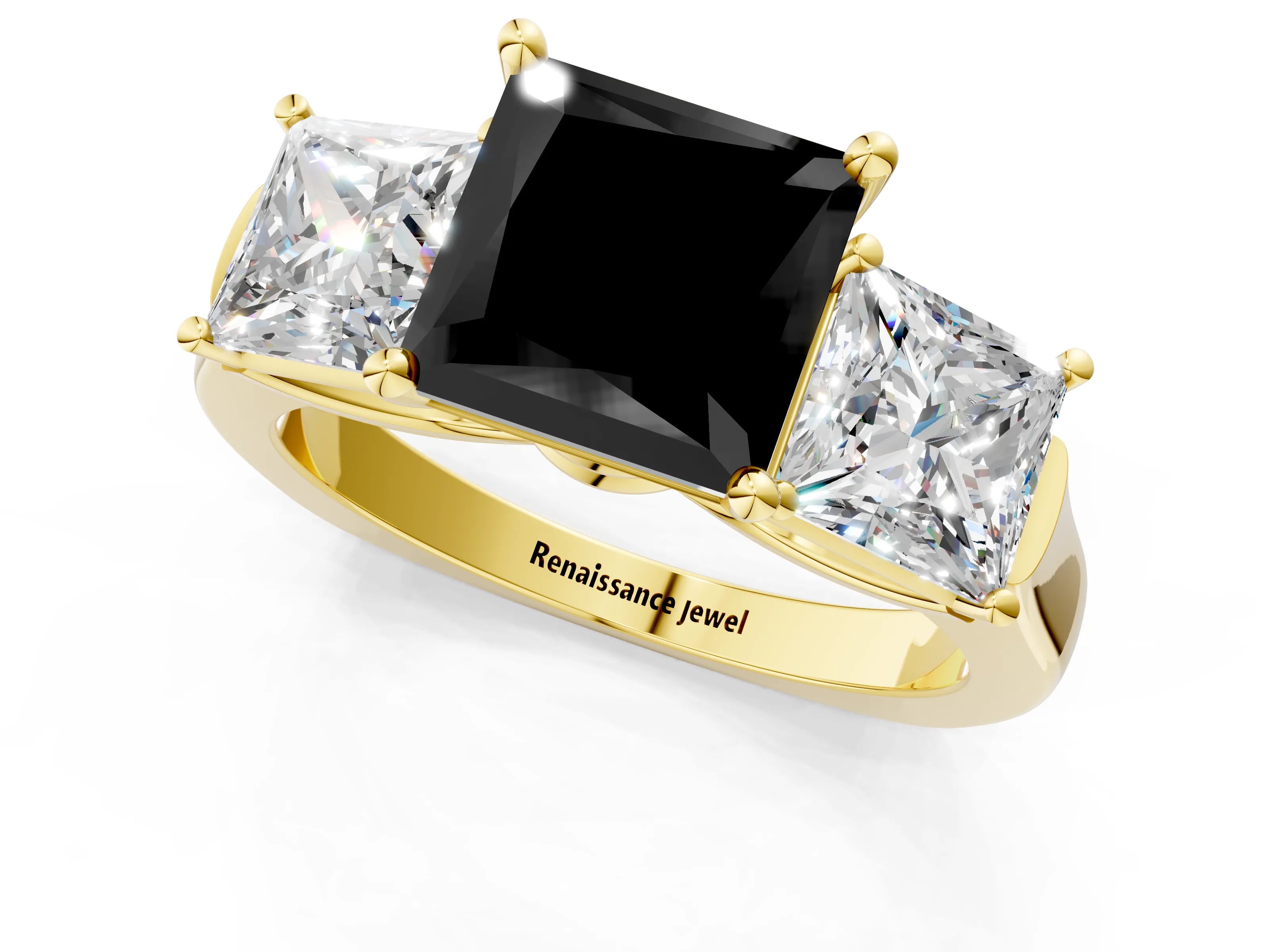Yellow gold Three-Stone Fancy Black Princess Cut Brilliant Diamond Trellis Ring with Comfort Fit Band_1