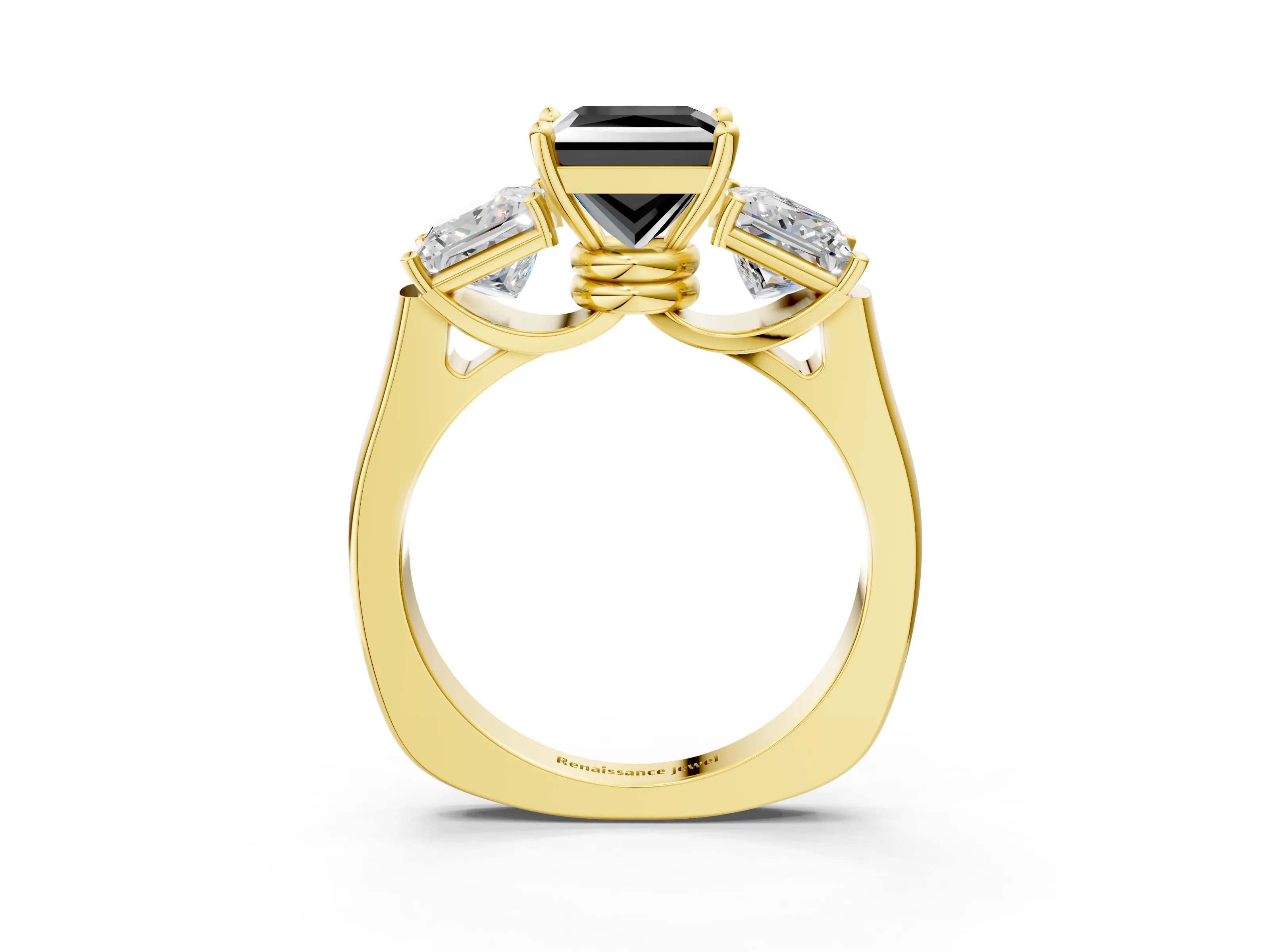 Yellow gold Three-Stone Fancy Black Princess Cut Brilliant Diamond Trellis Ring with Comfort Fit Band_3
