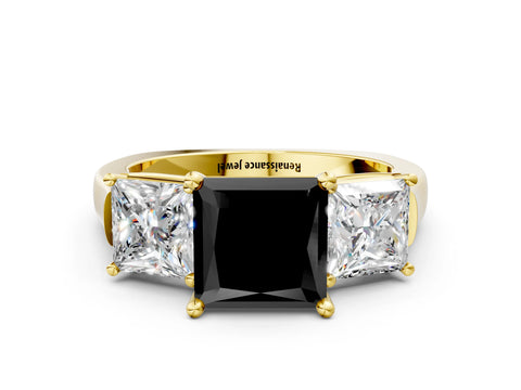 Yellow gold Three-Stone Fancy Black Princess Cut Brilliant Diamond Trellis Ring with Comfort Fit Band