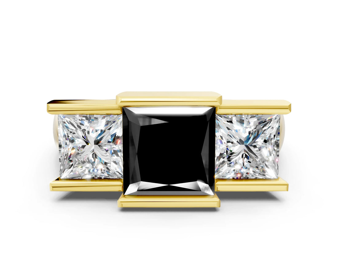 Yellow gold Three Stone Fancy Black Princess Cut Cut Channel Set Diamond Ring