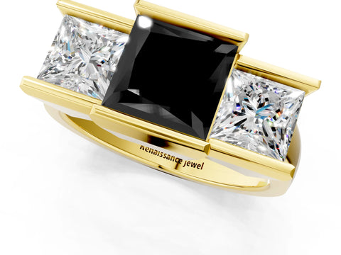Yellow gold Three Stone Fancy Black Princess Cut Cut Channel Set Diamond Ring_1