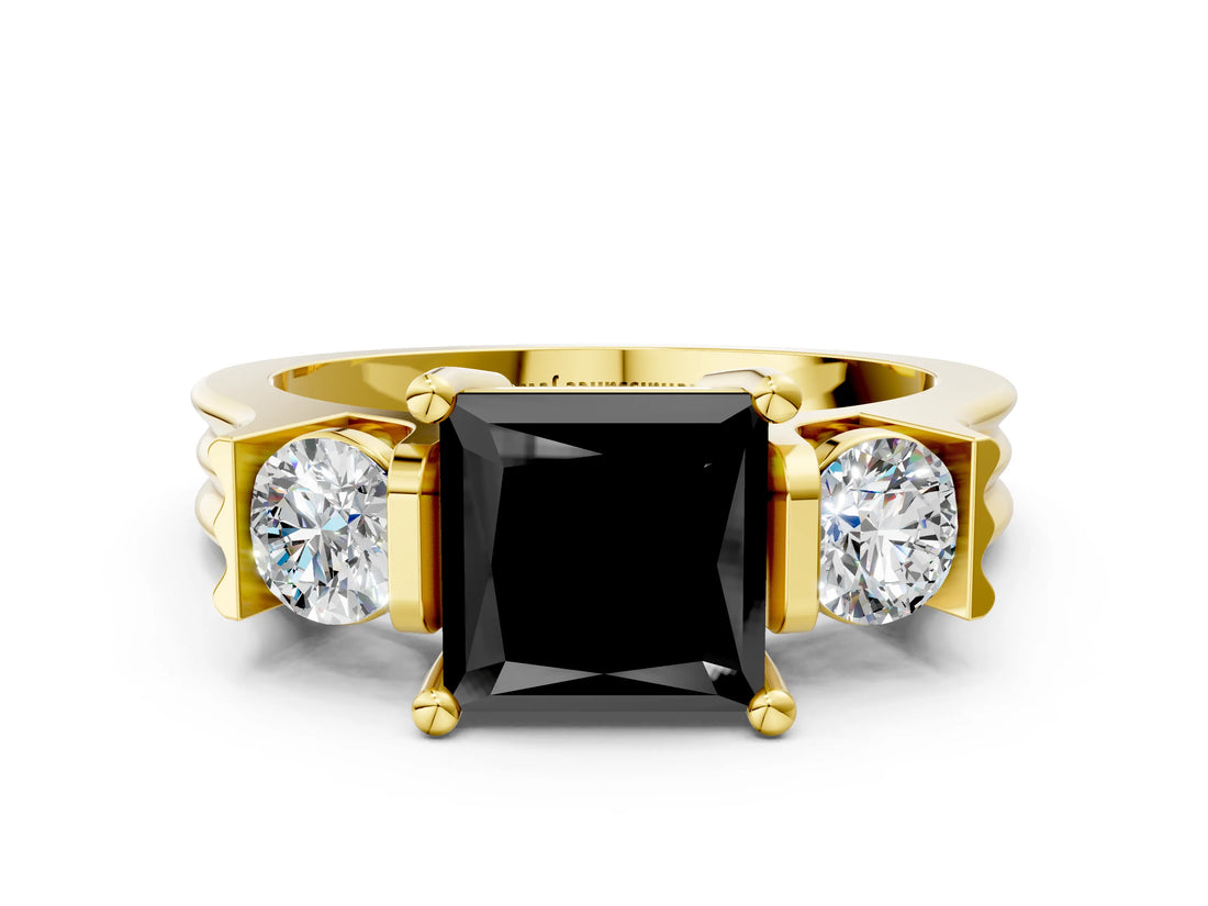 Yellow gold Three-Stone Fancy Black Princess Cut Cut Classic Band Prong Setting Ring