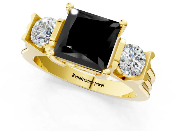Yellow gold Three-Stone Fancy Black Princess Cut Classic Band Prong Setting Ring