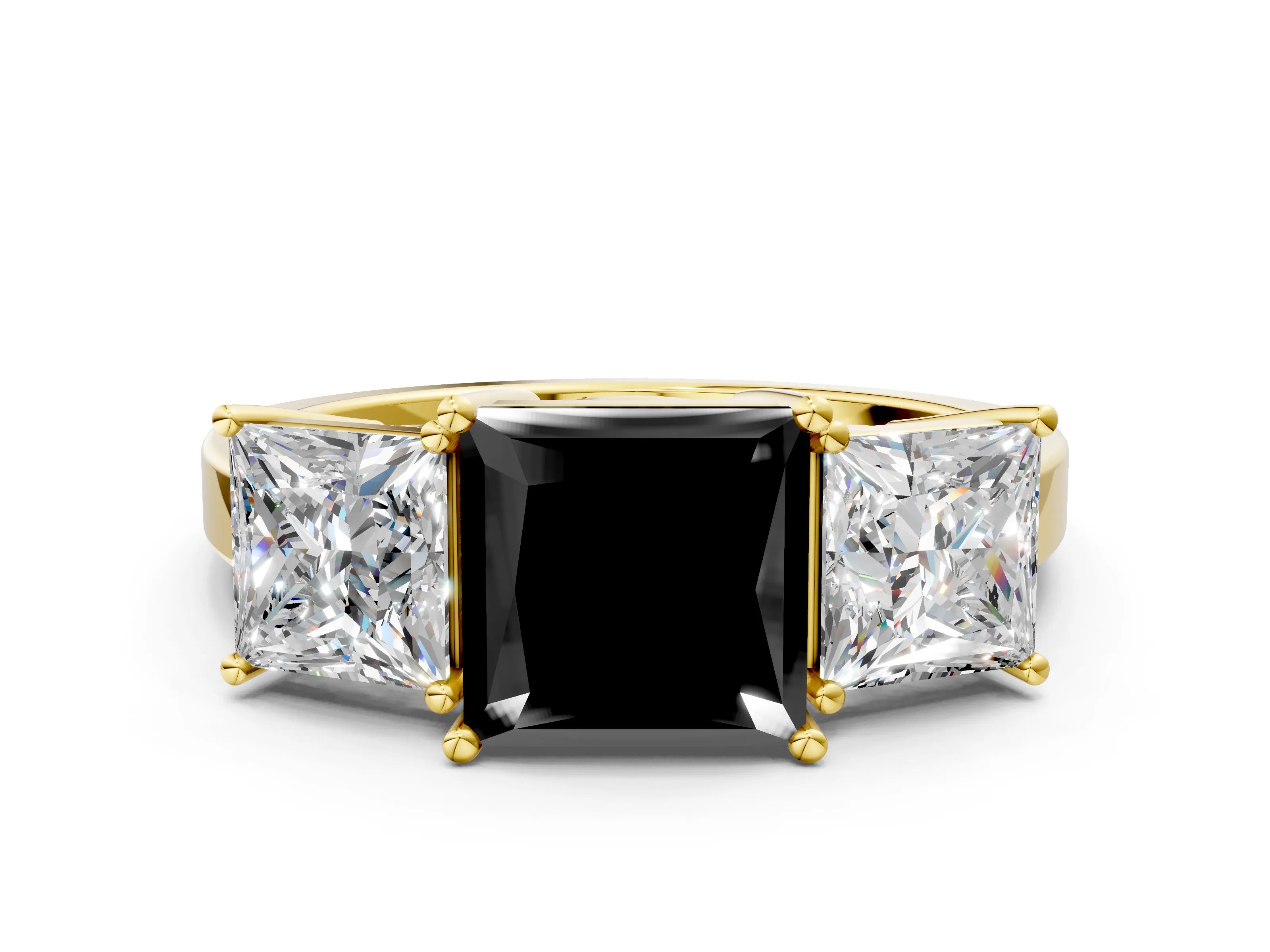 Yellow gold Three-Stone Fancy Black Princess Cut Cut Diamond Engagement Ring with Flat Band and Four-Prong Setting_12