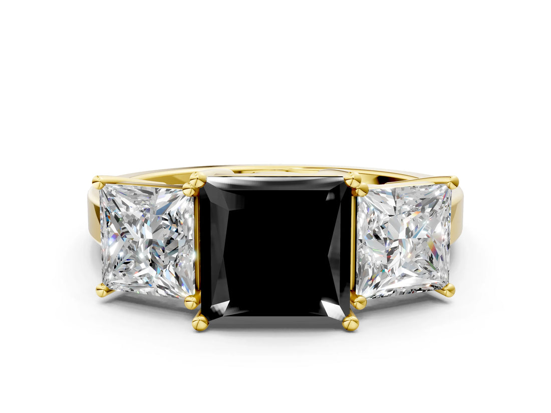 Yellow gold Three-Stone Fancy Black Princess Cut Cut Diamond Engagement Ring with Flat Band and Four-Prong Setting_12