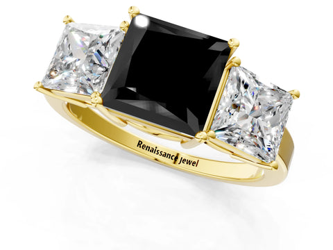 Yellow gold Three-Stone Fancy Black Princess Cut Cut Diamond Engagement Ring with Flat Band and Four-Prong Setting_1