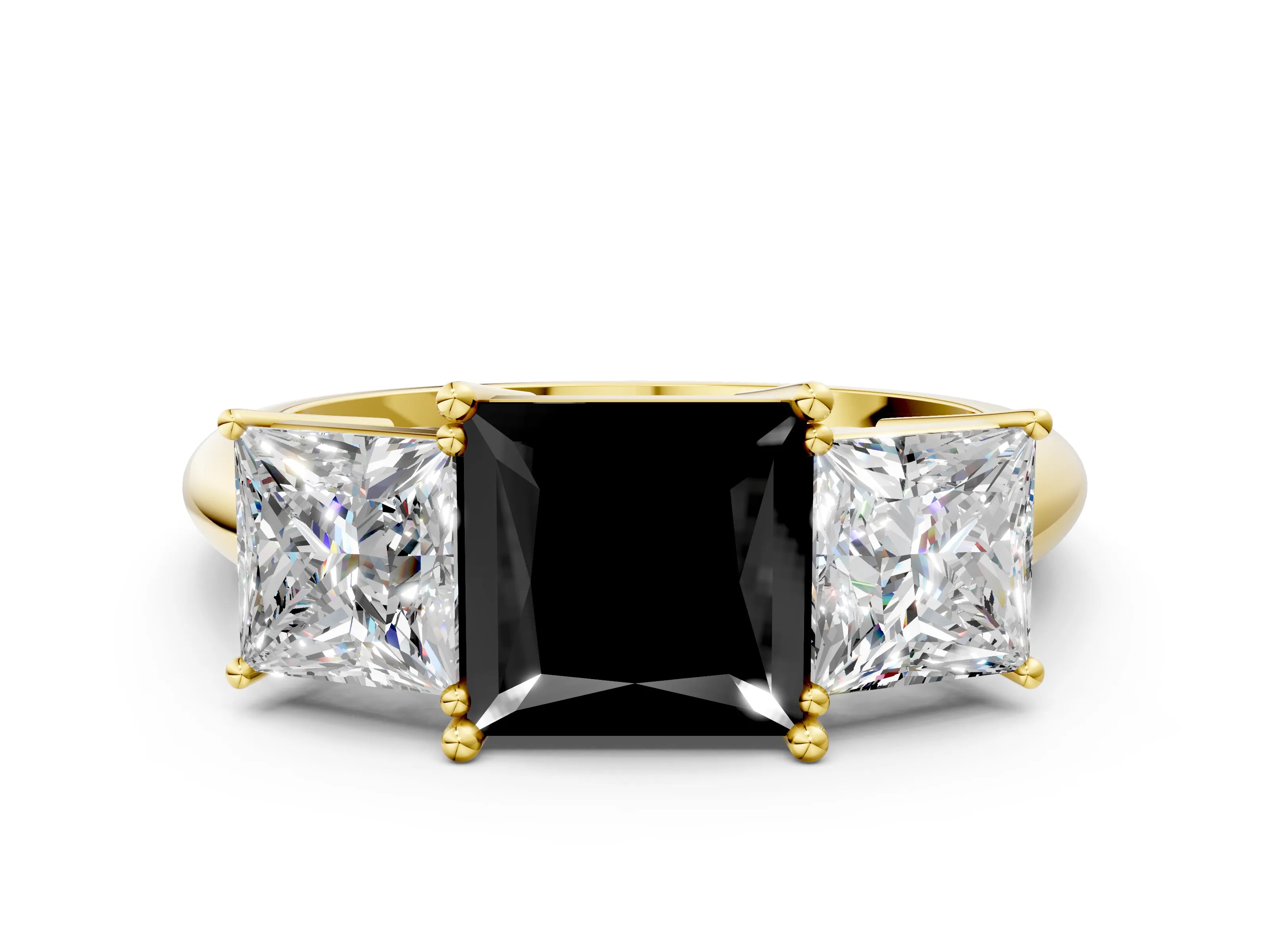 Yellow gold Three-Stone Fancy Black Princess Cut Cut Diamond Engagement Ring with Prong Setting on a White Gold Band