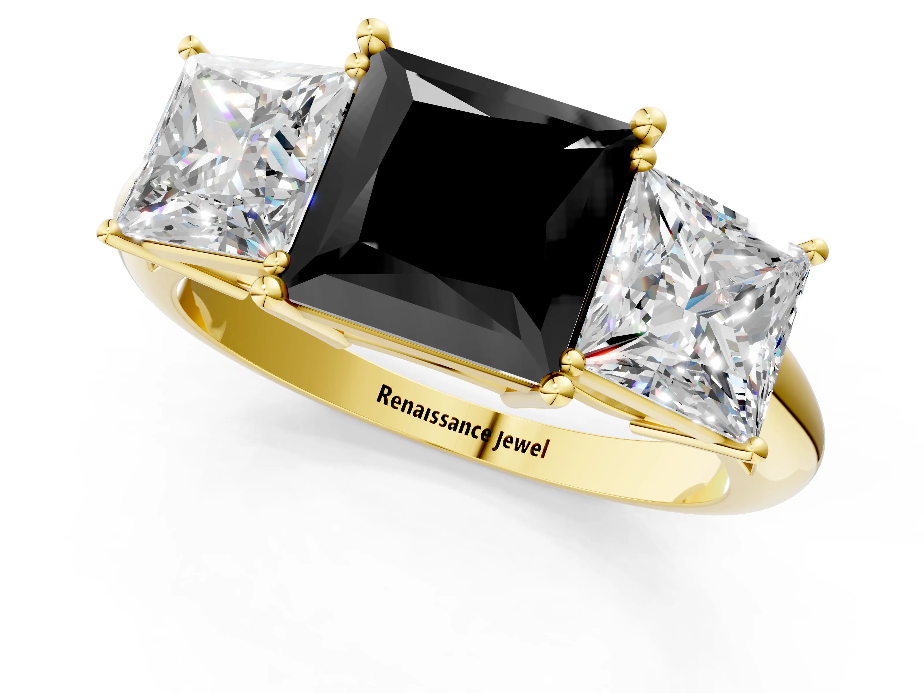 Yellow gold Three-Stone Fancy Black Princess Cut Cut Diamond Engagement Ring with Prong Setting on a White Gold Band_1