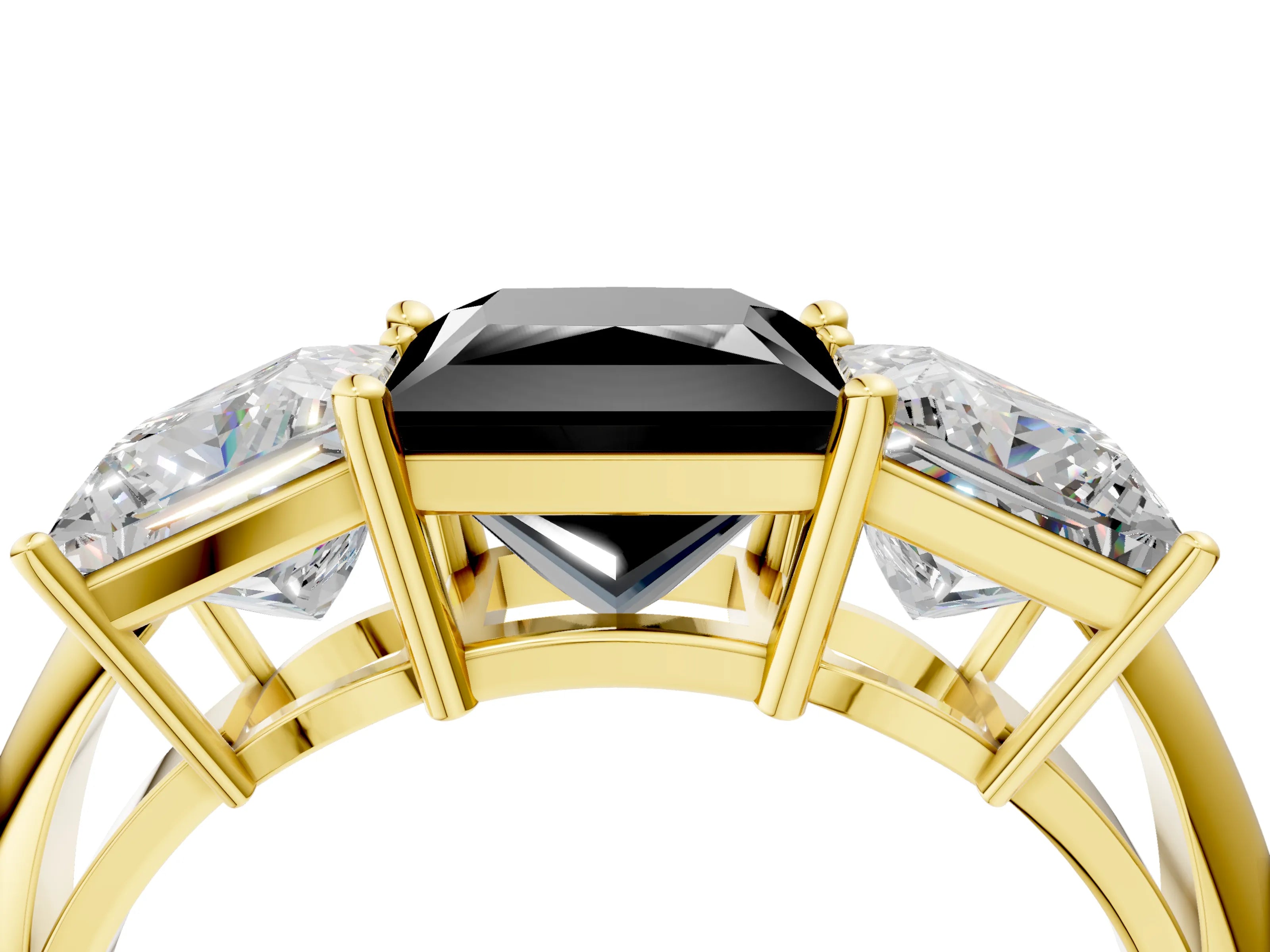 Yellow gold Three-Stone Fancy Black Princess Cut Cut Diamond Engagement Ring with Prong Setting on a White Gold Band_4