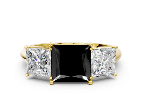 Yellow gold Three-Stone Fancy Black Princess Cut Cut Diamond Engagement Ring with Prong Setting on a White Gold Band