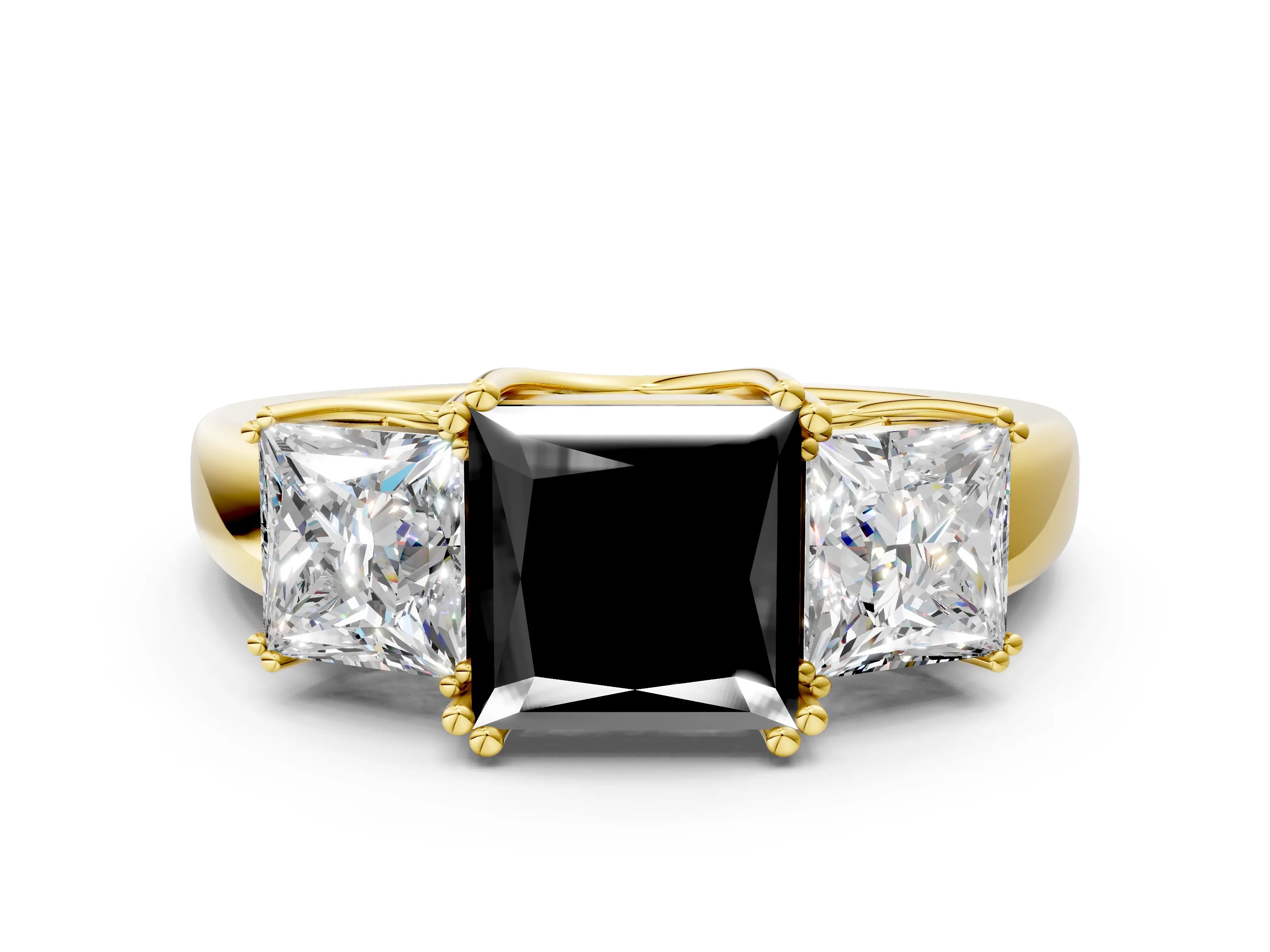 Yellow gold Three-Stone Fancy Black Princess Cut Cut Diamond Ring with Channel Set Band and Four-Prong Setting