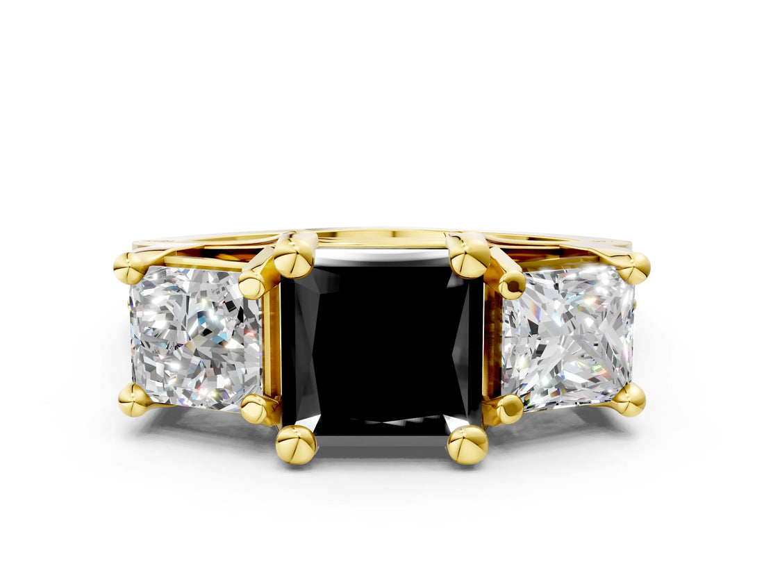 Yellow gold Three-Stone Fancy Black Princess Cut Cut Diamond Ring with Channel-Set Band and Four-Prong Setting_12