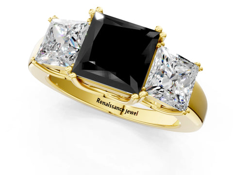 Yellow gold Three-Stone Fancy Black Princess Cut Cut Diamond Ring with Channel Set Band and Four-Prong Setting_1