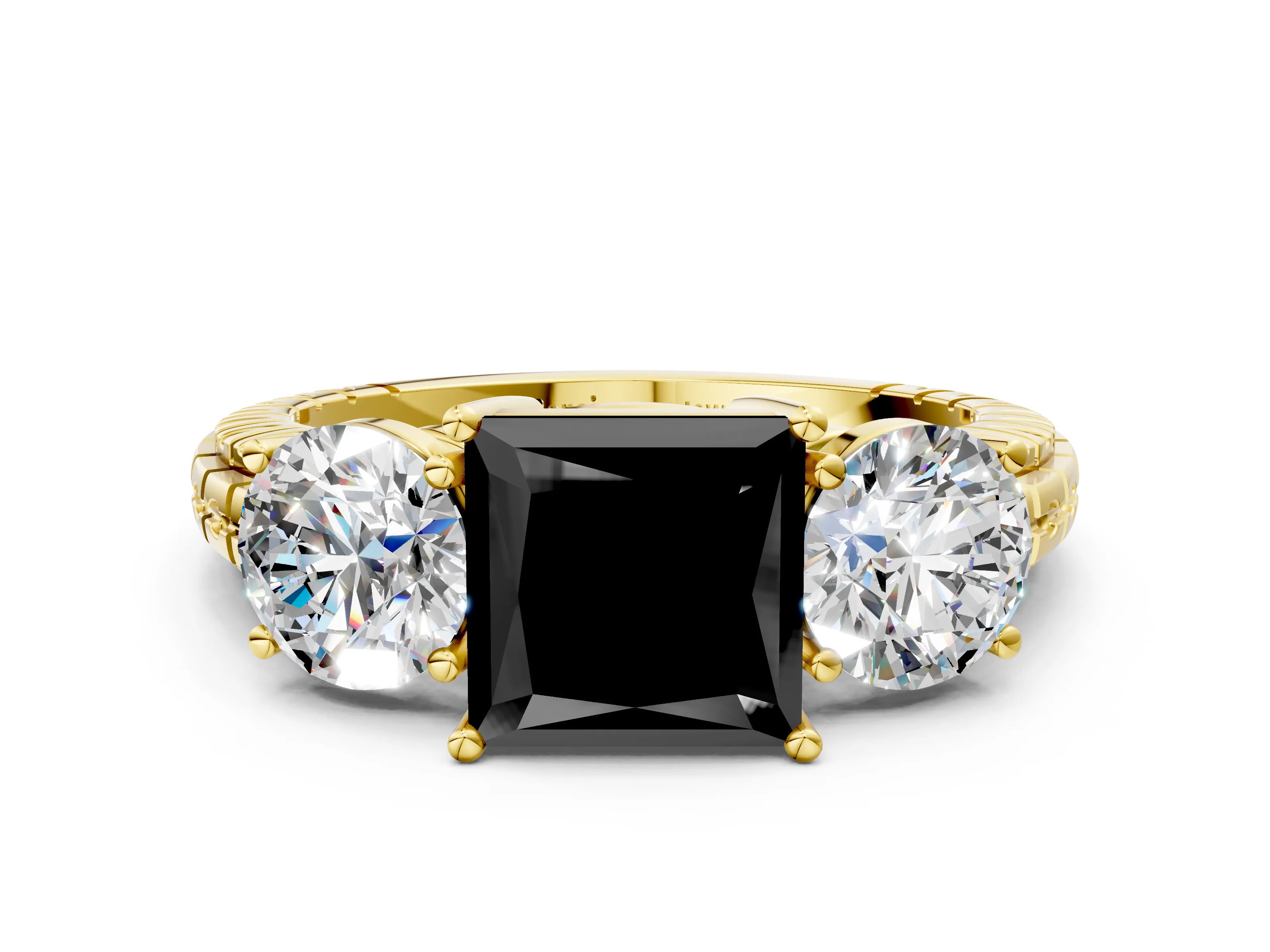 Yellow gold Three-Stone Fancy Black Princess Cut Cut Diamond Ring with Channel-Set Band and Prong Setting