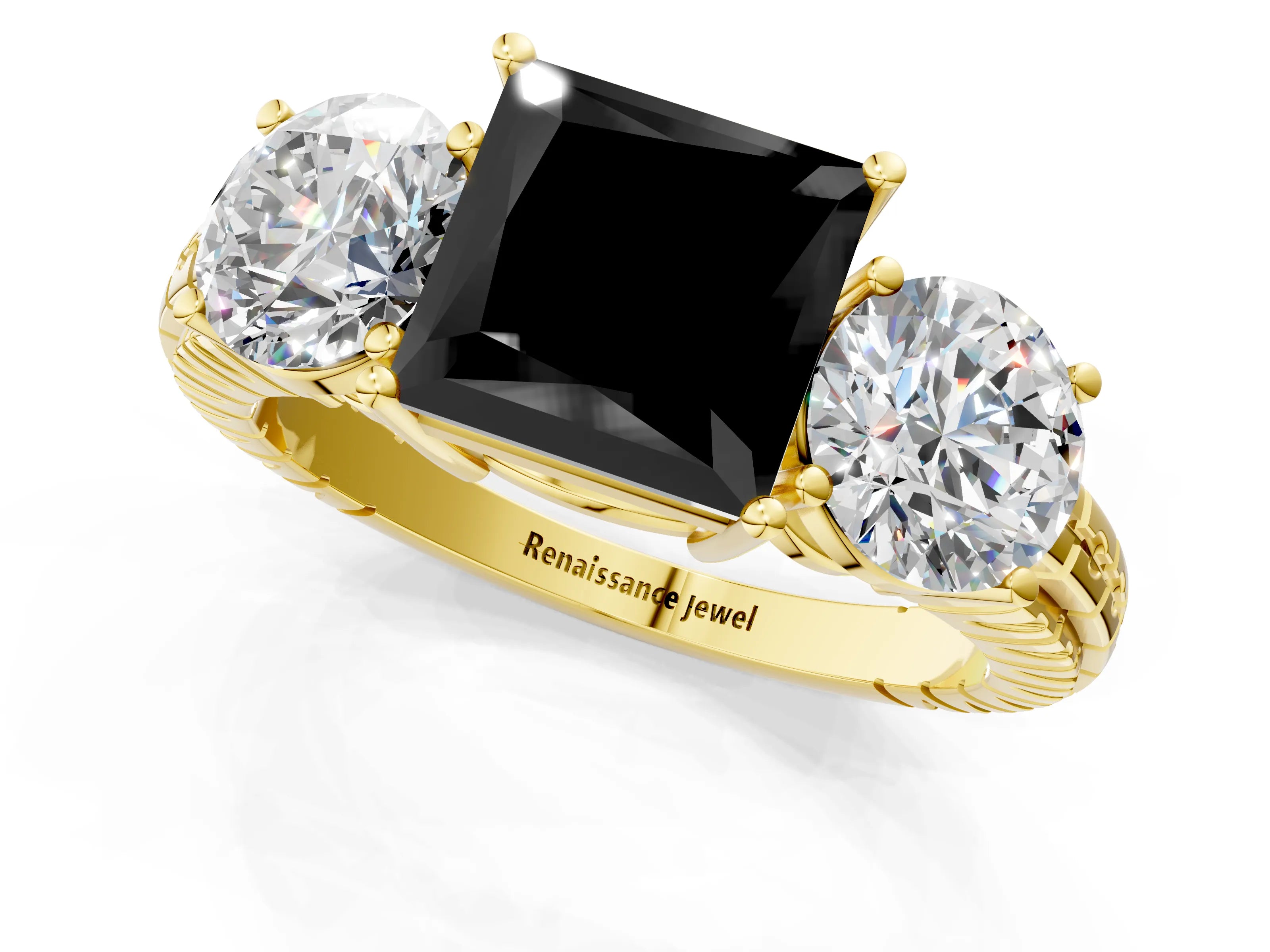 Yellow gold Three-Stone Fancy Black Princess Cut Cut Diamond Ring with Channel-Set Band and Prong Setting_1