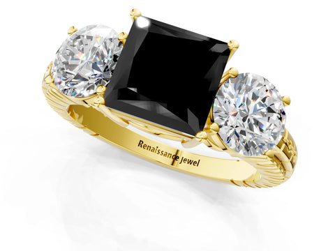 Yellow gold Three-Stone Fancy Black Princess Cut Cut Diamond Ring with Channel-Set Band and Prong Setting_1